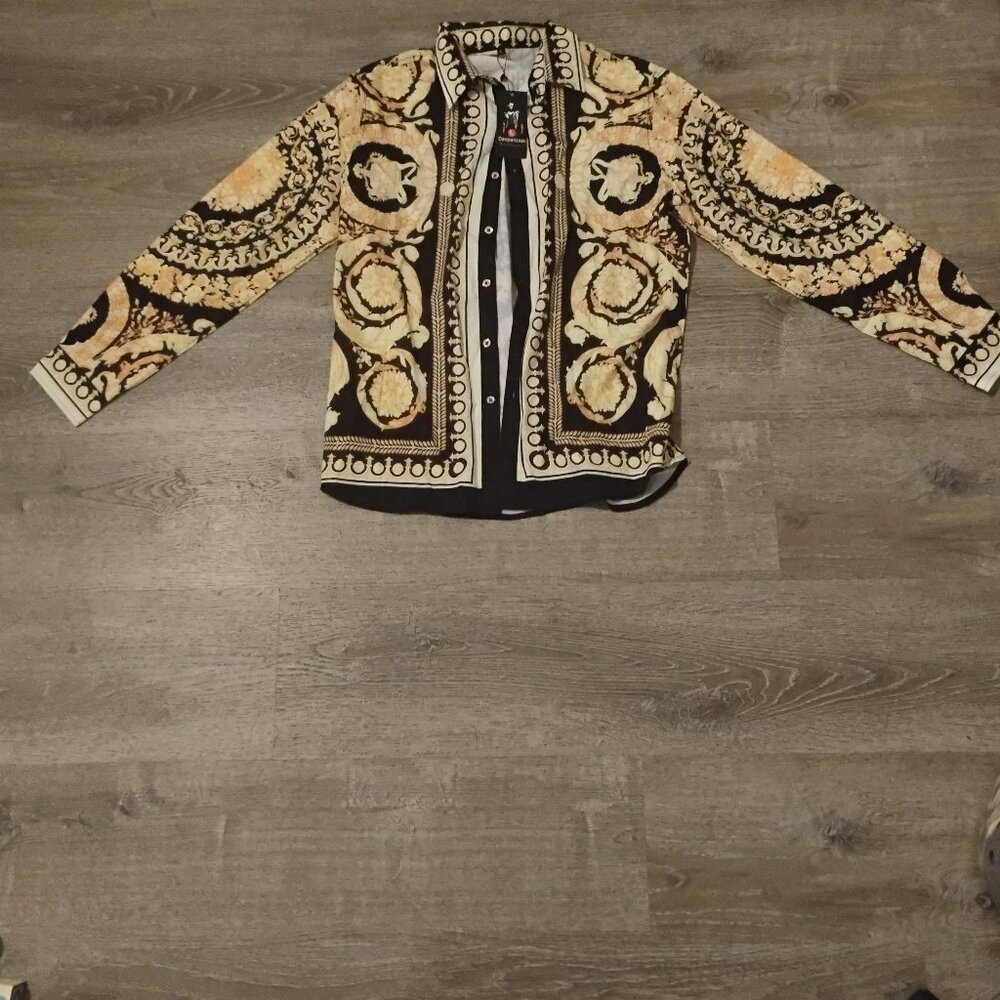 Daupanzees Baroque Print Button-Down Shirt - Black & Gold Luxury Style - Size L